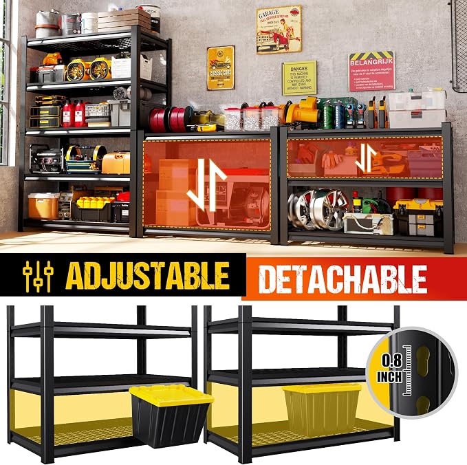 Set of 5 Heavy Duty Garage Shelving 5T Storage Shelves, Adjustable Metal Shelving Unit, Utility Garage Organizer Shelf for Basement, Pantry, Warehouse, Supermarket, 45.6" Wx17.7 Dx71.2 H