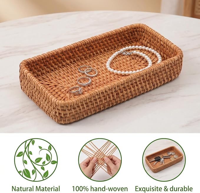 8 Inch Small Rattan Basket Natural Handwoven Tray for Keys Decor | Natural Handwoven Wicker Tray for Jewelry Keys Entryway Coffee Table Bathroom Vanity Wedding Christmas Housewarming Gift
