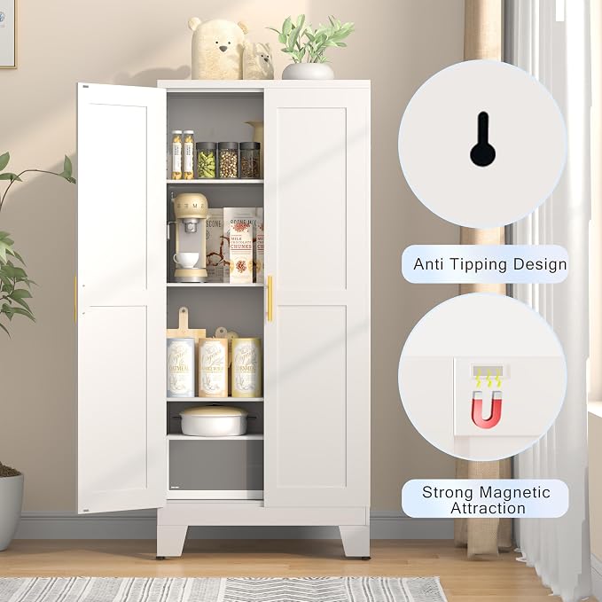 GAIOUS 61.02" Pantry Cabinet, Kitchen Pantry Storage Cabinets with Adjustable Shelves and Feet, White Pantry Storage Cabinet for Kitchen, Dining Room, Living Room and Bathroom (White) Metal