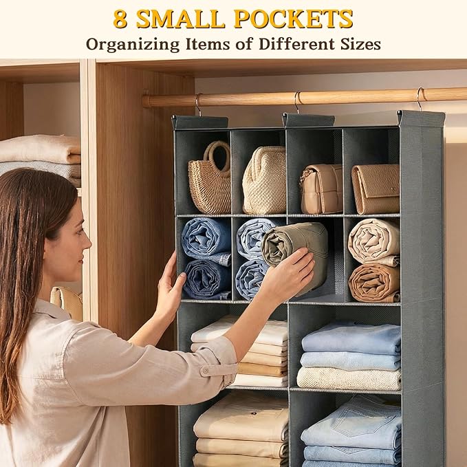 4 Tier Hanging Closet Organizer, 12 Compartments Dual Row Storage, Grey | Closet Organizers and Storage with Large & Small Cubbies, 3 Sturdy Hooks Support Heavy Loads, for Dorm, RV, Garment Rack
