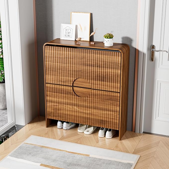 Narrow Shoe Cabinet with Entry Way, Slim Shoe Storage Cabinet for 2 Tier Doors, No Shelf, Fluted Hidden Shoe Rack Organizer for Entrance, Entry Way, Foyer, Walnut Small
