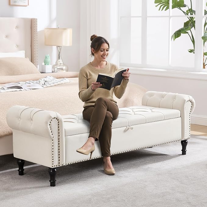 67 Inch Storage Bench for Bedroom, King Size End of Bed Bench, Upholstered Bench with Rolled Arms, Linen Tufted Button Storage Ottoman Benches, Living Room, Entryway, Cream Beige