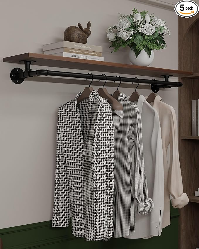 Clothes Rack 48in, Wall Mounted Garment Rack with Solid Walnut Wood Shelf, Heavy Duty Hanging Clothes Rack, Multi-Purpose Hanging Rod, Space-Saving Closet Storage