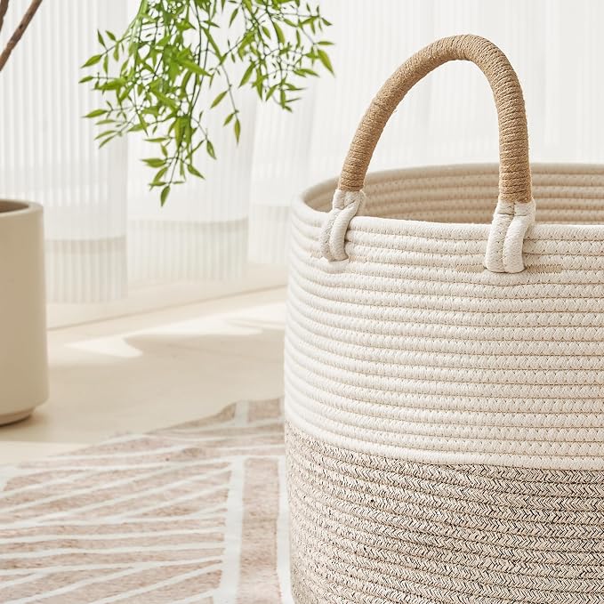 KAKAMAY Large Blanket Basket with Handles, Storage Basket for Living Room | Extra Large Capacity | Natural Cotton Rope | Blanket Storage | Woven Storage Basket | Stuffed Animal Storage | Laundry Basket