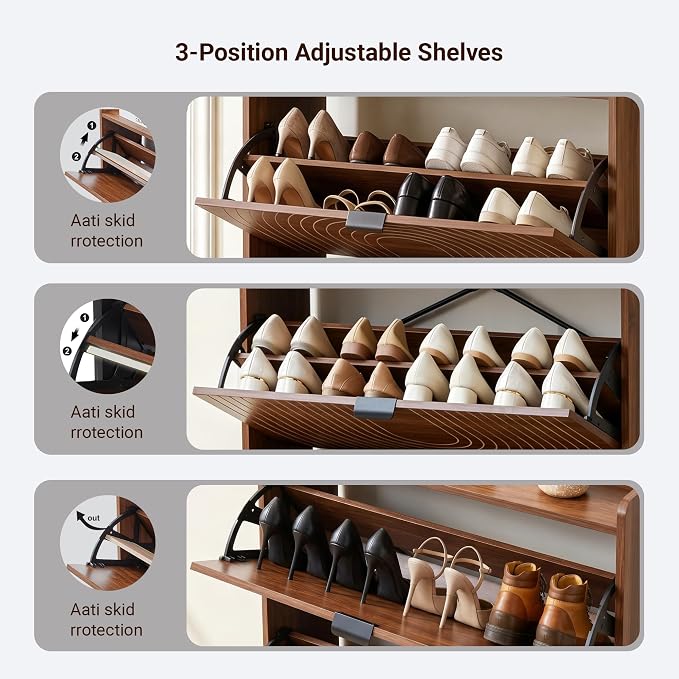Arch-Chic Shoe Cabinet for Entryway with 2 Flip Door | Farmhouse, Walnut color, Adjustable shelves, Tabletop guardrail, Freestanding shoe storage cabinet, for Entryway/hallway