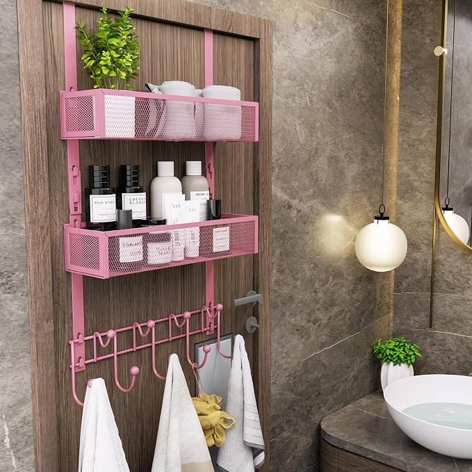 Consumest Over The Door Hooks Organizer - 3 Tier Door Hanger with 9 Coat Hooks & 2 Mesh Basket, Back Storage Organizer Hanging Towels for Bathroom, Bedroom, Pink