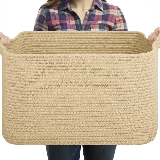 OIASKET Large Blanket Basket, Jute Blanket Storage Living Room, Rectangle Woven Baskets for Storage Toys, Towels, Dirty Clothes Organizer Bins (Jute)