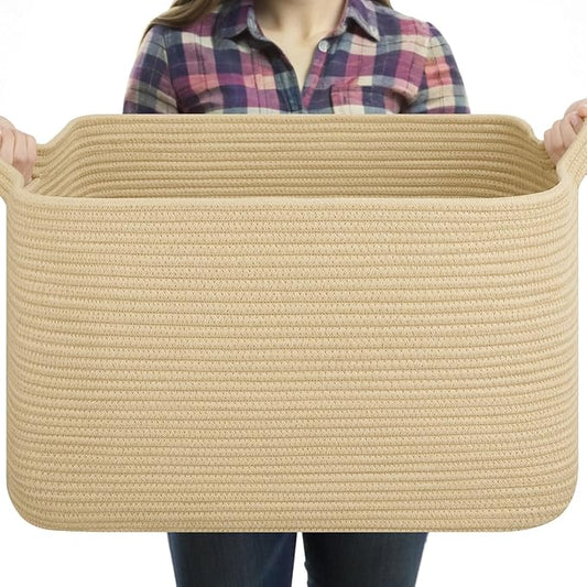 OIASKET Large Blanket Basket, Jute Blanket Storage Living Room, Rectangle Woven Baskets for Storage Toys, Towels, Dirty Clothes Organizer Bins (Jute)