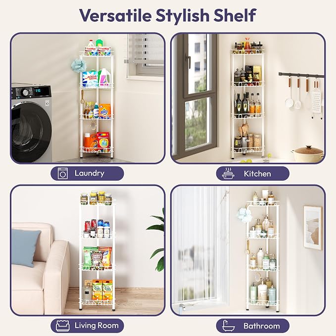 SWTYMIKI Standing Shower Caddy Corner - 4‑Tier Stainless Steel Shower Organizer Shelf with 16 Hooks and Adhesive Pads, Rustproof Corner Shelves Stand Rack for Bathroom Shower Room, white