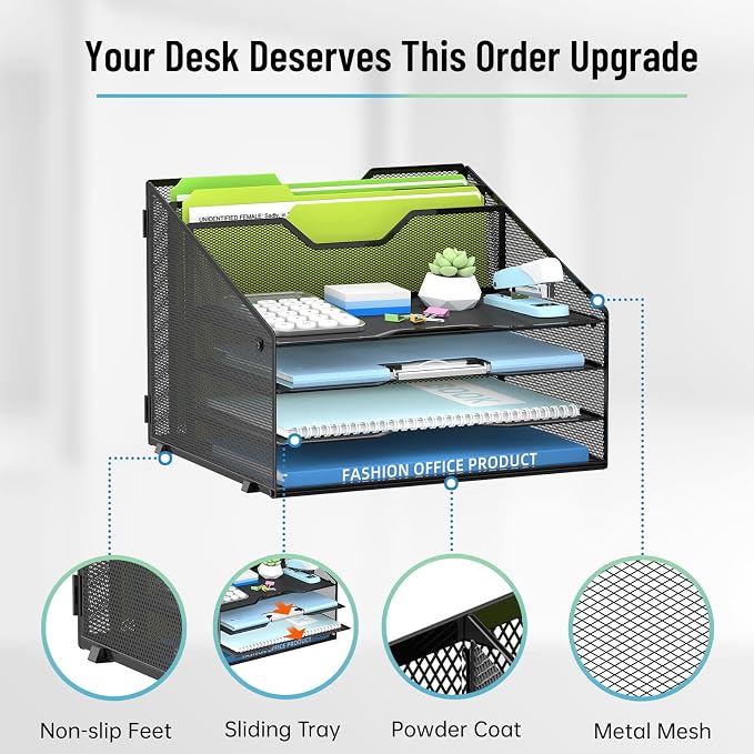 Desk File Organizer with 4 Letter Trays and 2 Vertical File Holders, Black | Metal Mesh Paper Letter Tray Organizer for Documents Folders Mail, Desk Organizers and Accessories for Home Office