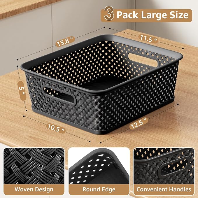 MaxGear 3 Pack Plastic Storage Baskets, Large, Black | Durable Woven Plastic with Built-In Handles, Suitable for Shelves, Closets, Cabinets, Bathrooms and Offices