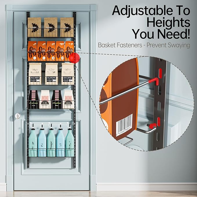 Delamu Adjustable Cabinet Door Organizer, 6 Tier Hanging Spice Rack | Metal Over the Door Pantry Organizer, Pantry Organizers and Storage Shelves for Kitchen Bathroom Laundry Room, Black