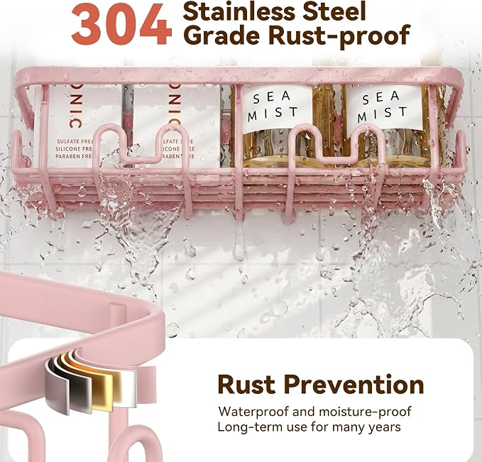 YASONIC Shower Caddy Adhesive, 100% Rustproof Shower Organizer with Soap and Toothbrush Holder, Large Capacity Shower Shelves for Inside Shower, No Drill Shower Storage for Home (5 Pack Pink)