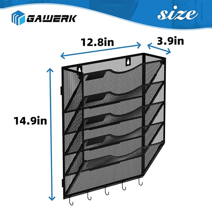 Gawerk Hanging Wall File Organizer with 5 Hooks - Wall Mounted Mail Paper Document Folder Holder, Sturdy Mesh Magazine Rack for Office Home (5 Tier)