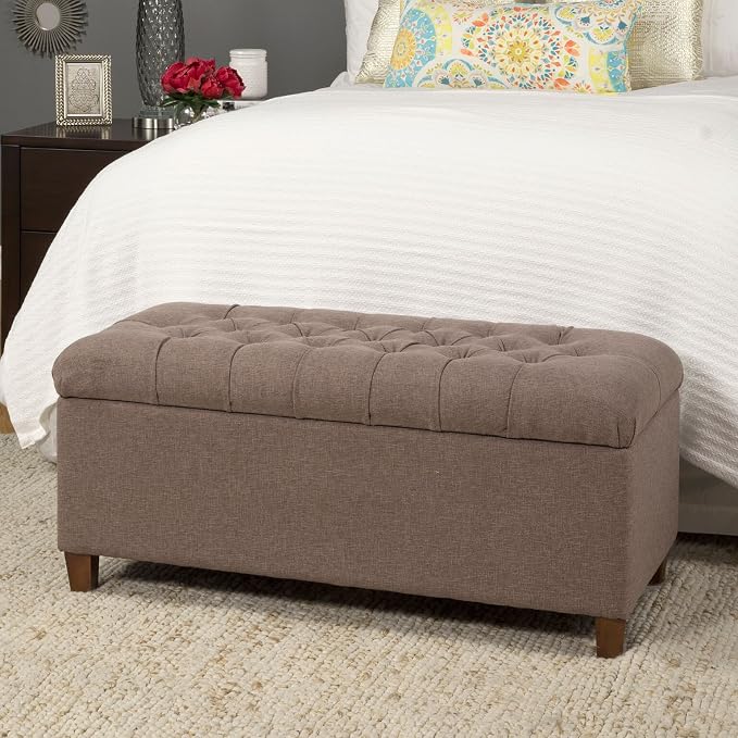 Homepop Home Decor | Tufted Ainsley Button Storage Ottoman Bench with Hinged Lid | Ottoman Bench with Storage for Living Room & Bedroom, Brown 18x40x18 inches
