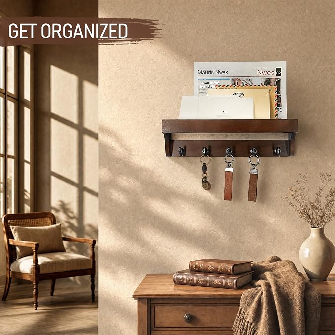 Walnut Wood Key Holder Wall Mount for Room Decor and Organization, Brown | Key Holder for Wall with Shelf for Plants & Cute Things,5 Sturdy Key Hooks,Can Also Hang Dog Leashes,Ideal for Home Decor