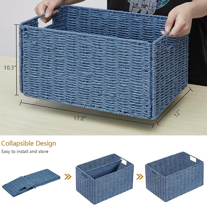 Vagusicc Wicker Storage Basket, Set of 2 Hand-Woven Paper Rope Wicker Basket, Large Storage Baskets for Organizing Toilet Paper, Foldable Cube Storage Organizer Bins for Shelves (Blue)