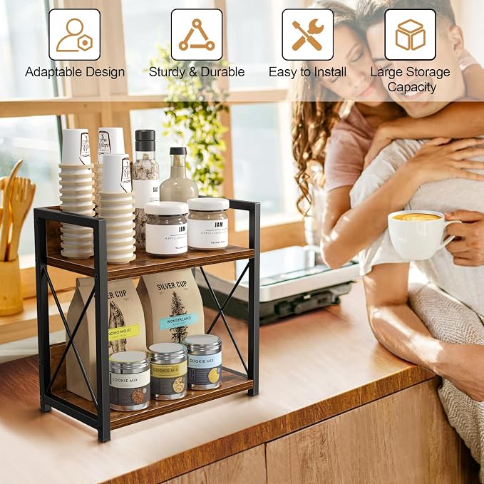 Giikin Kitchen Countertop Organizer, 2 Tier Spice Rack Organizer for Pantry, Kitchen Counter Shelf Wood Coffee Station Organizer (Brown, M)