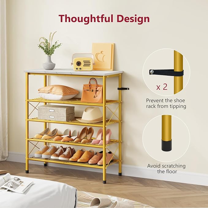 5 Tier Shoe Rack Organizer for 16-20 Pairs of Shoes, White & Gold | Sturdy & Durable, X Shape Fixed Frame, Metal Mesh Shoe Shelf, Industrial, For Closet, For Entryway Shoe Storage