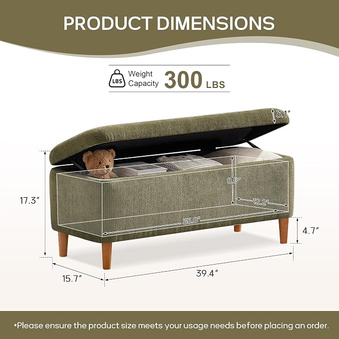 39.4”Ottoman with Storage Set of 2,Upholstered Comfy Storage Bench Ottoman with Wooden Legs,End of Bed Bench Footstool for Hallway Entryway Bedroom Living Room Corner Green