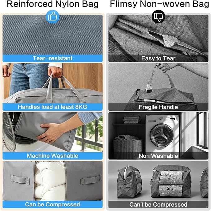 Comforter Storage Bag, Large Capacity Blanket Storage Bags 3-Layer Ultra Space Saving Self Compression Organizer, Heavy Duty Space Saver Organizer for Bedding, Clothes, Blanket, 4-Pack, Gray