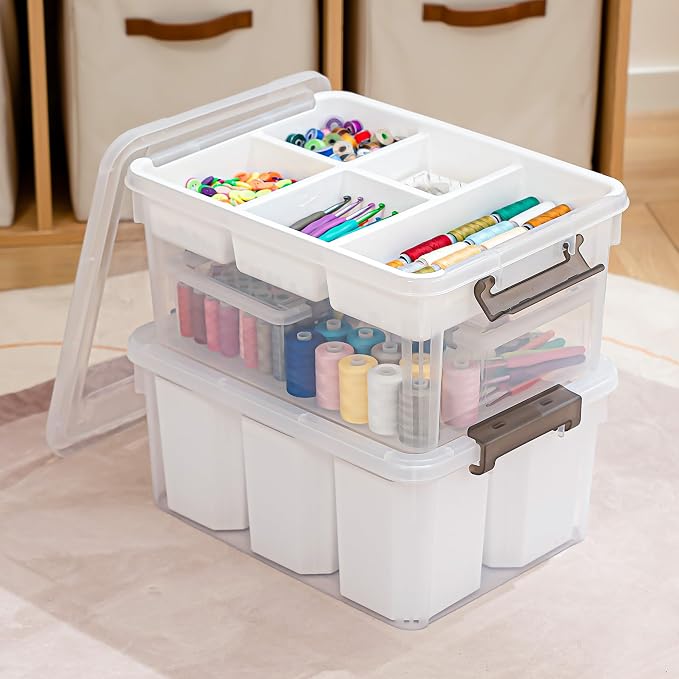 Citylife 17QT 2Packs Clear Craft Organizers and Storage Bins with Lids | Stackable Art Supply Organizer with Tray and 6 Inserts for Markers, Crayons, Pencils, Tools, Playdoh, Coloring Books