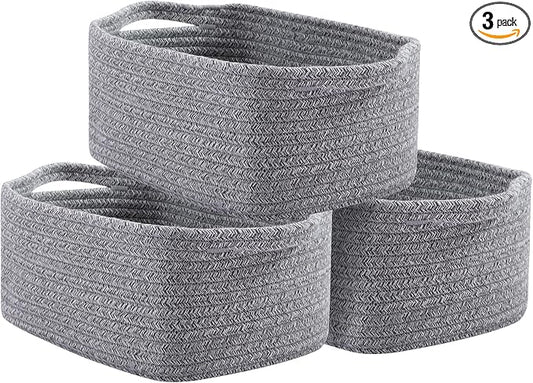 OIAHOMY Cotton Rope Baskets, Woven Baskets for Storage, Nursery Storage Baskets, Rectangle Storage Basket with Handles, Storage Baskets for Shelves, Pack of 3, Gray Variegated
