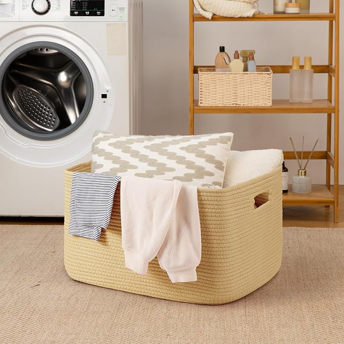 OIAHOMY 75L Large Blanket Basket, Woven Cotton Rope Baskets for Organizing 22”x17”x12”, Blanket Basket living Room, Toy Storage Bins for Nursery, Yellow