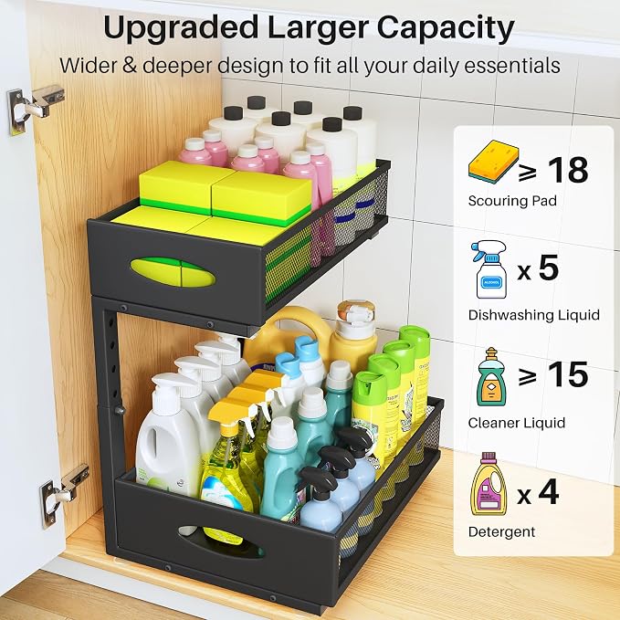 Under Sink Organizer, 2 Pack 2 Tier Pull Out Under Cabinet Organizer Shelf with Pad for Framed Cabinets, Metal Slide Out Under Sink Storage, Mesh Sliding Drawers for Kitchen Bathroom Laundry, Black
