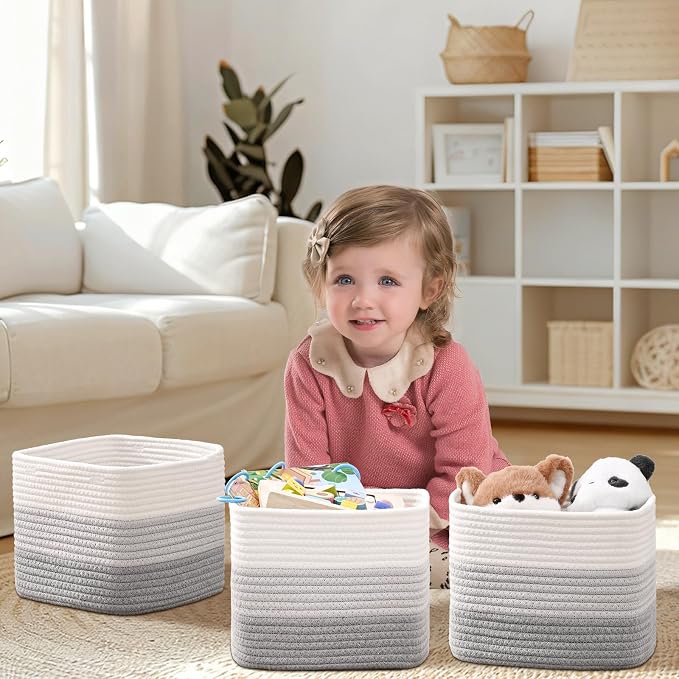 3 Pack Cube Storage Bin, 9”x9”x7” Cotton Rope Woven Baskets for Organizing Toys Clothes Towels, Square Gift Storage Baskets for Shelves, Nursery, Closet, Bathroom, Pantry (Gradient Grey)