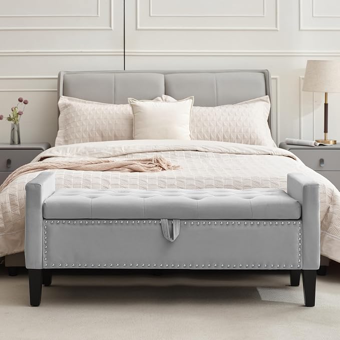 Velvet Storage Ottoman Bench, 46'' Upholstered Button Tufted End of Bed Bench, Modern Storage Bench for Bedroom, Living Room, Entryway, Grey