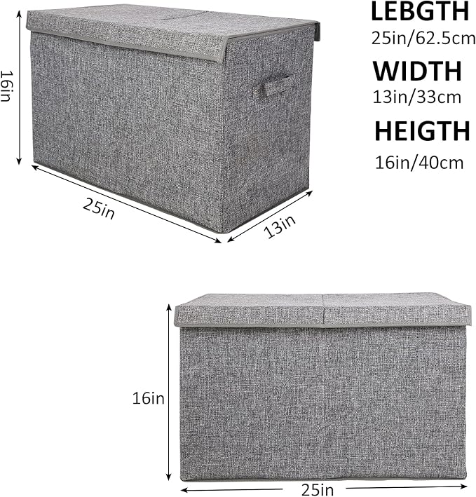 2 Pack Large Toy Box Storage with Lid, Collapsible Sturdy Toy Chest Storage | Toy Chest with Rivets Handles for Kids, Boys, Girls, Nursery, Playroom, Living Room, Bedroom, 25"x 13" x 16" (Linen Gray)