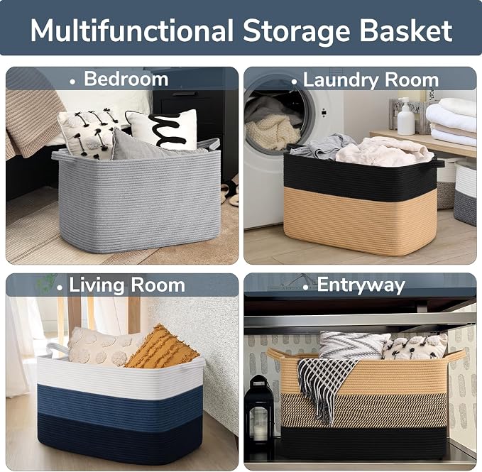 Goodpick 85L Large Blanket Basket 23.6" x 15.7" x 13.8" Cotton Rope Storage Baskets for Organizing, Rectangle Woven Baskets for Storage, Baby Toy Basket for Nursery Bedroom, Blue