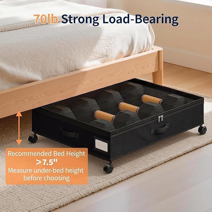 Yecaye 80L Large Under Bed Storage Containers with Wheels, 2 Pack, Black | 80L Capacity, Space-saving, 360° Rolling Wheels, Clear Window & Label, Sturdy Fabric, For Clothes, Shoes, Blankets