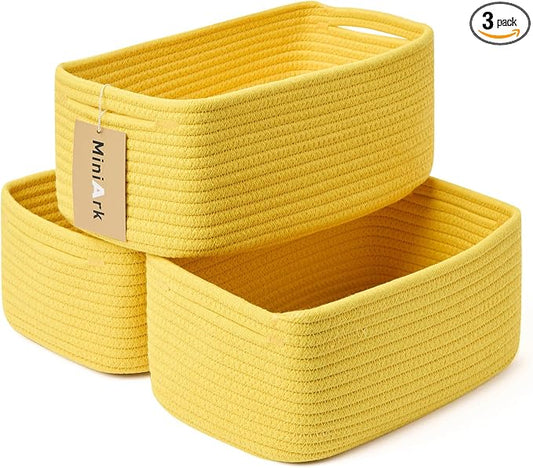 MiniArk Small Storage Baskets for Organizing | Closet Organizer Bins | Shelf Toy Basket | Woven Rope Baskets | Cube Decorative Box | Shallow Basket | 13x8.5x5.1” | 3 Packs Yellow