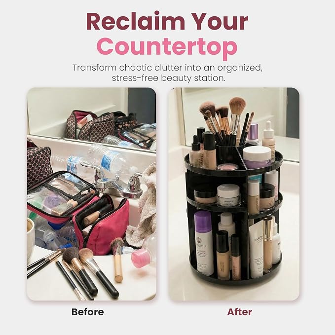 Masirs 360 Rotating Makeup Organizer Countertop, Adjustable Shelf, Black | 360-Degree Rotating Makeup Organizer, Adjustable Shelf Height, Cosmetic Perfume Skincare Storage, Vanity Countertop, Black