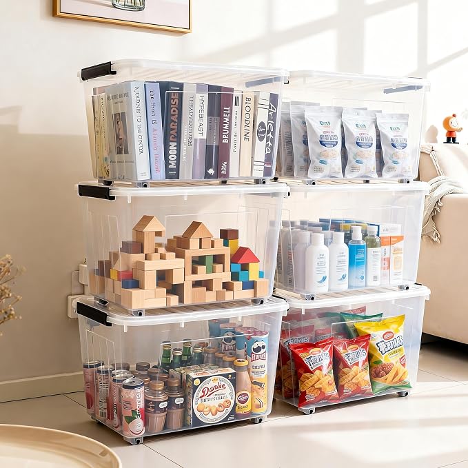 Citylife 82 Quart Large Clear Plastic Storage Bins with Lids 6-Pack | Stackable, Secure latching lids, Easy Find, Clothes Storage Bins for Closet Bedroom Garage