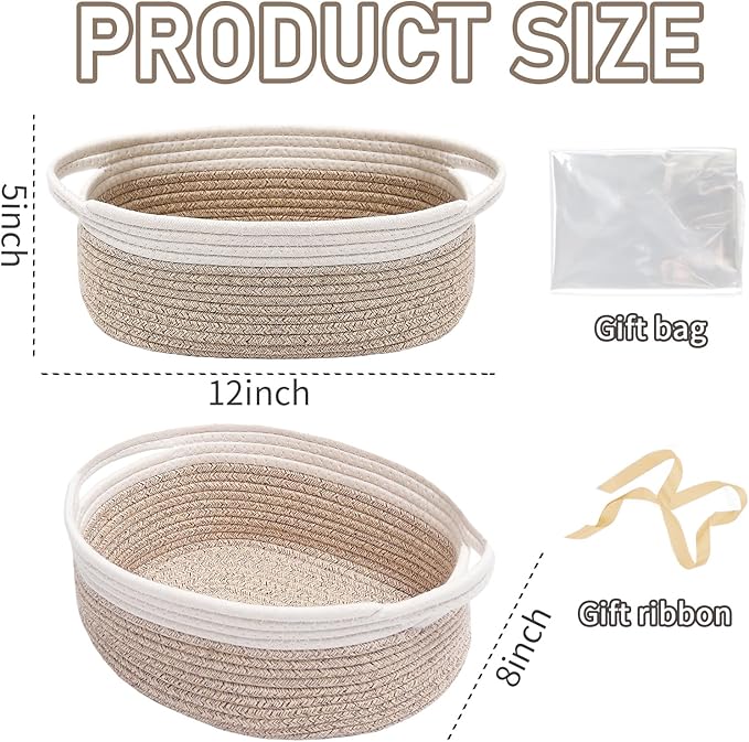 JMvicyroam Small Woven Basket, Empty Gift Basket, White&Oatmeal/3 Pack | Small Gift Basket, Cotton Rope, 12 x 8 x 74 in, Handles, Includes Ribbon and Bag, Birthday Gift Basket
