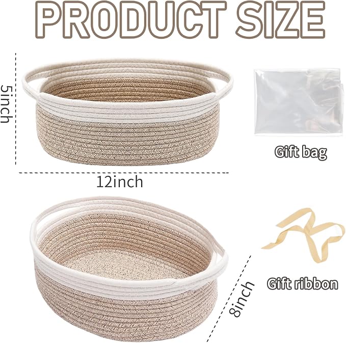 JMvicyroam Small Woven Basket, Empty Gift Basket, White&Oatmeal/2 Pack | Small Gift Basket, Cotton Rope, 12 x 8 x 73 in, Handles, Includes Ribbon and Bag, Birthday Gift Basket