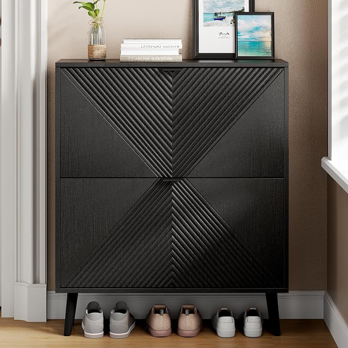 oakvivo Shoe Cabinet Storage, Farmhouse Freestanding Organizer with 2 Flip Drawers and 4 Wooden feet, Narrow Shoe Rack Cabinet for Entryway, Foyer, Hallway, Black