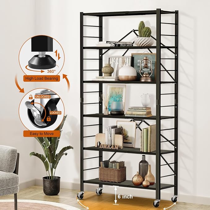Himix 6-Tier Foldable Storage Shelves with Wheels Adjustable Kitchen Black