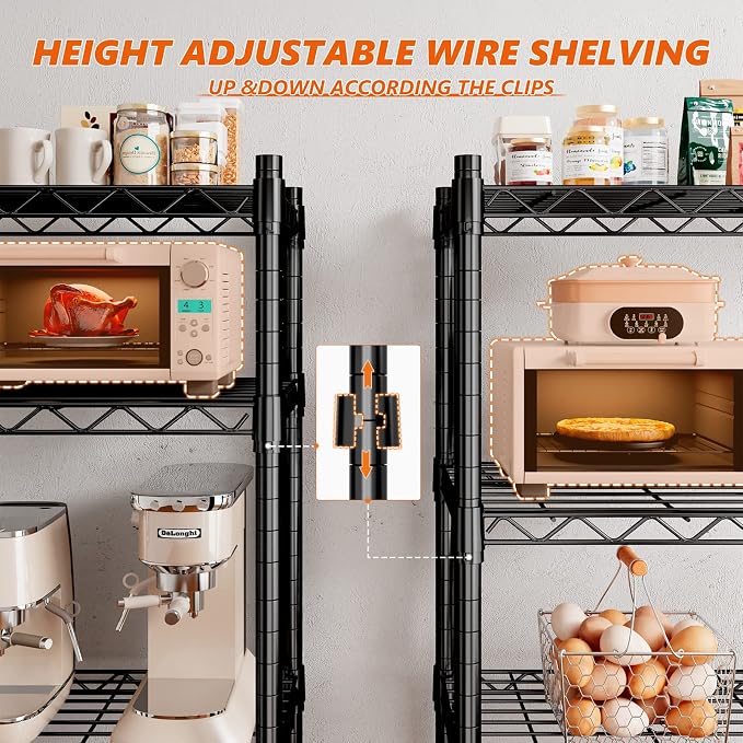 REIBII 5-Tier Storage Shelves 1660LBS Wire Shelving Unit with Wheels | 73''H heavy duty shelves,lock casters or switch to leveling feet, tool-free setup, fits kitchen,pantry,garage,black