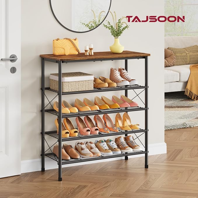 5 Tier Shoe Rack for 16-20 Pairs of Shoes, Rustic Brown & Black | Sturdy & Durable, X Shape Fixed Frame, Metal Mesh Shoe Shelf, Industrial, For Closet, For Entryway Shoe Storage
