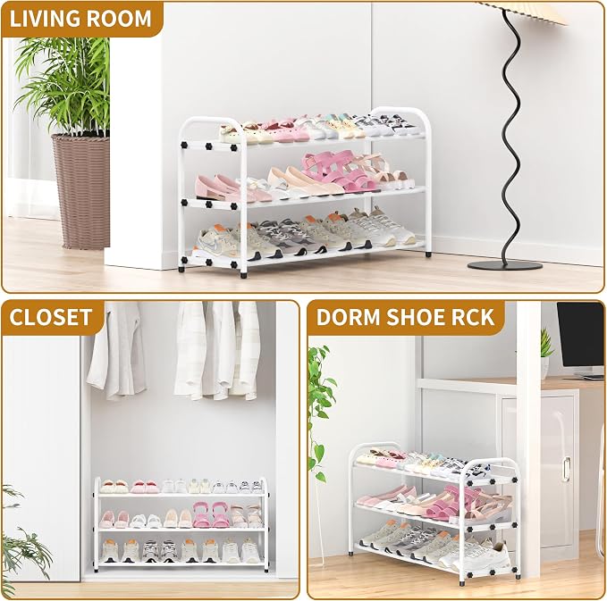 Hleelomi 3-Tier Metal Expandable Shoe Rack for Closet and Entryway, White | Adjustable Shoe Organizer for Closet,Living Room,Dorm,Garage,Fits Small Spaces, Apartments and Rentals