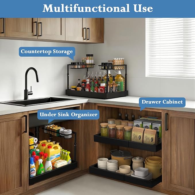 Aisslro Under Sink Organizer, 2 Tier Pull Out Cabinet Organizer, Expandable & Adjustable Slide Out Shelf 13.2''–20.3'', Under Sink Storage for Kitchen Bathroom Laundry Cabinet Storage, Black