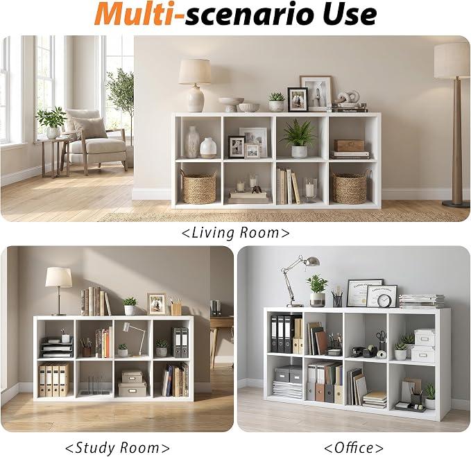 WannabeMyself【2026 Wooden Thick Frame】 8 Cube Storage Organizer with Anti-Tipping Kits, Reversible Open Back Book Shelf,Bookcase for Living Room,Bedroom,Entrance Hall,Office,11.6×48×24.6,White