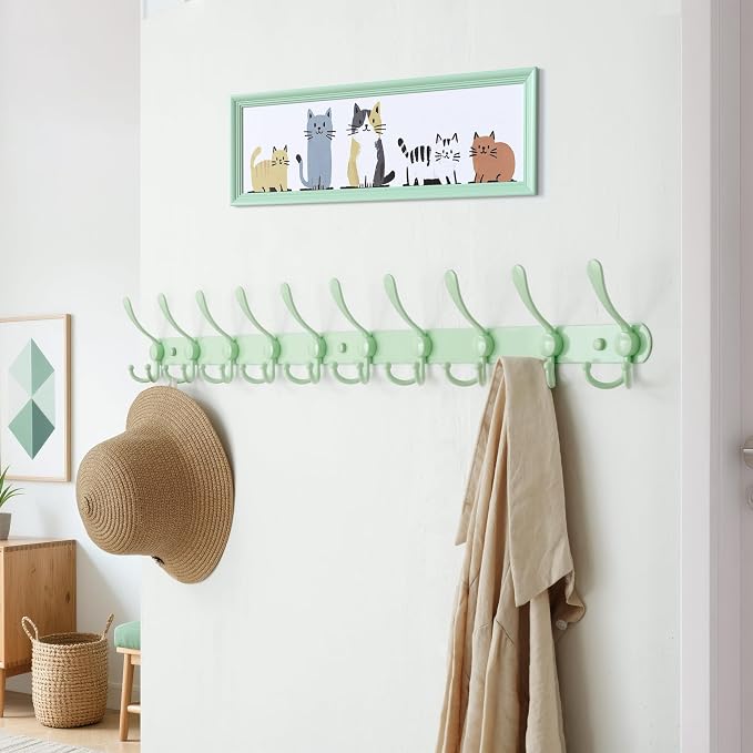 Dseap Coat Rack Wall Mount - 38” Long 10-Tri-Hooks Heavy Duty Coat Hanger Rail Wall Hooks for Hanging Coats Hats Clothing Clothes Purse Mudroom Entryway, Green