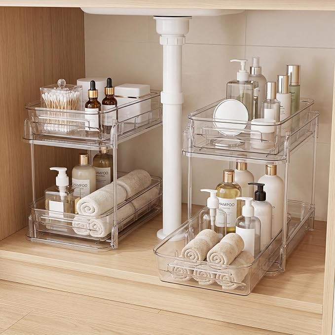 2 Tier Bathroom Storage Organizer, 2 Pack Clear Under Sink Organizers, Cabinet Drawer Bins for Vanity Counter, Kitchen, Pantry