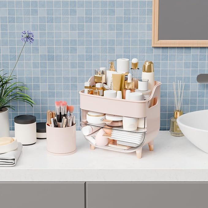 Pink Make up Organizer for Countertop,Vanity,Large Capacity Bathroom Makeup Skincare Organizers With Brush Holder,Makeup Storage Organizer for Lotion,Beauty Products,Skin Care,Makeup Display