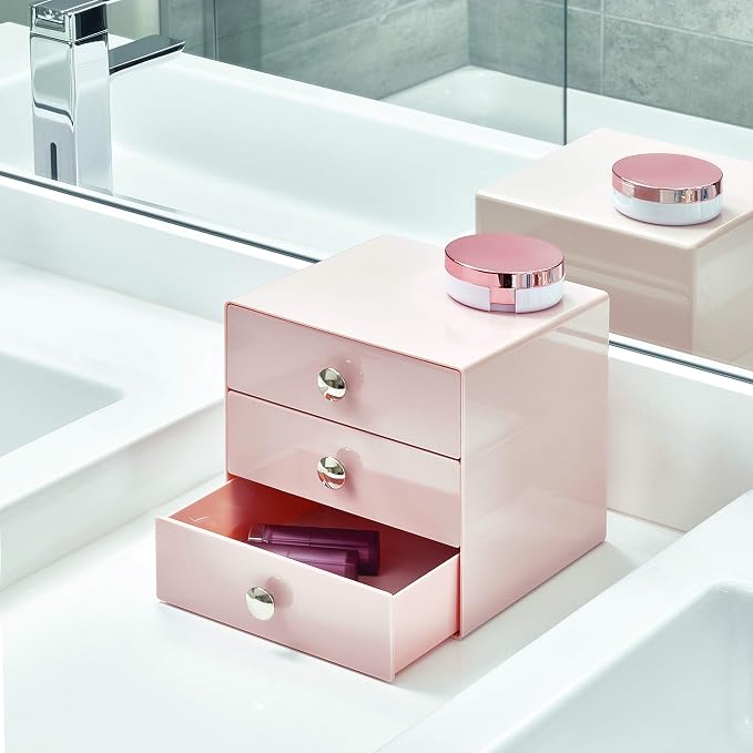 iDesign Plastic 3-Drawer Jewelry Box, Pink, 6.5" x 6.5" x 6.5" | Compact Storage Organization, For Cosmetics, Dental Supplies, Hair Care, For Bathroom, Office, Dorm, Desk, Countertop